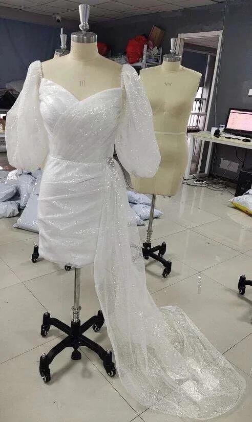 Short Puff Sleeve Wedding Dress Sweetheart Sparkly Modern Bridesmaid Dresses for Party Outfit Dress (ZD13603)