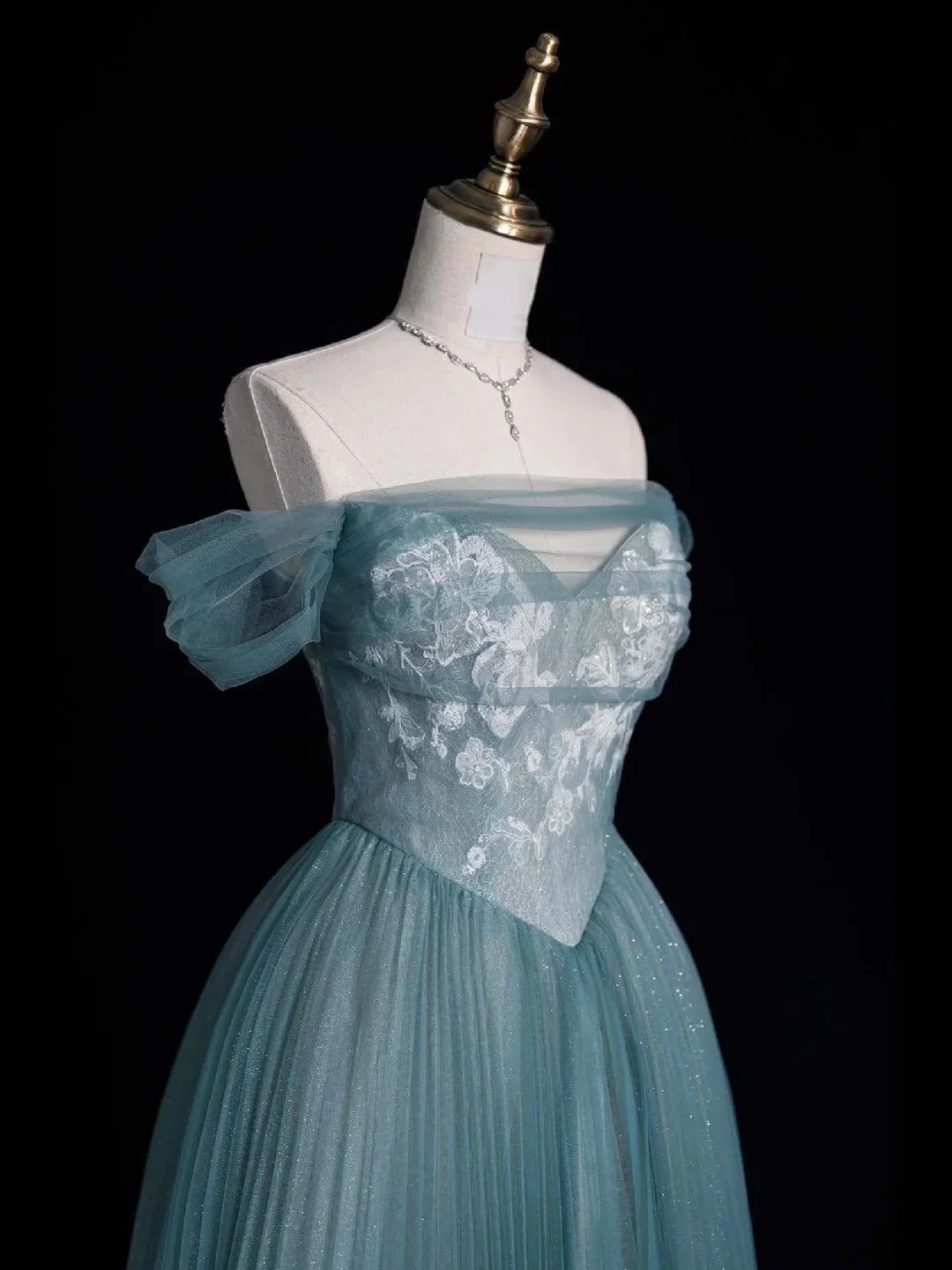 Classy Ball Gown Off The Shoulder Blue Tulle Pleated Sequin Long Party Dress Evening Gowns D4831