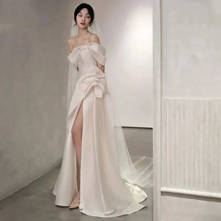 Off Shoulder Satin Wedding Dress White Mermaid Long Bridal Gown with Slit (ZD13718)