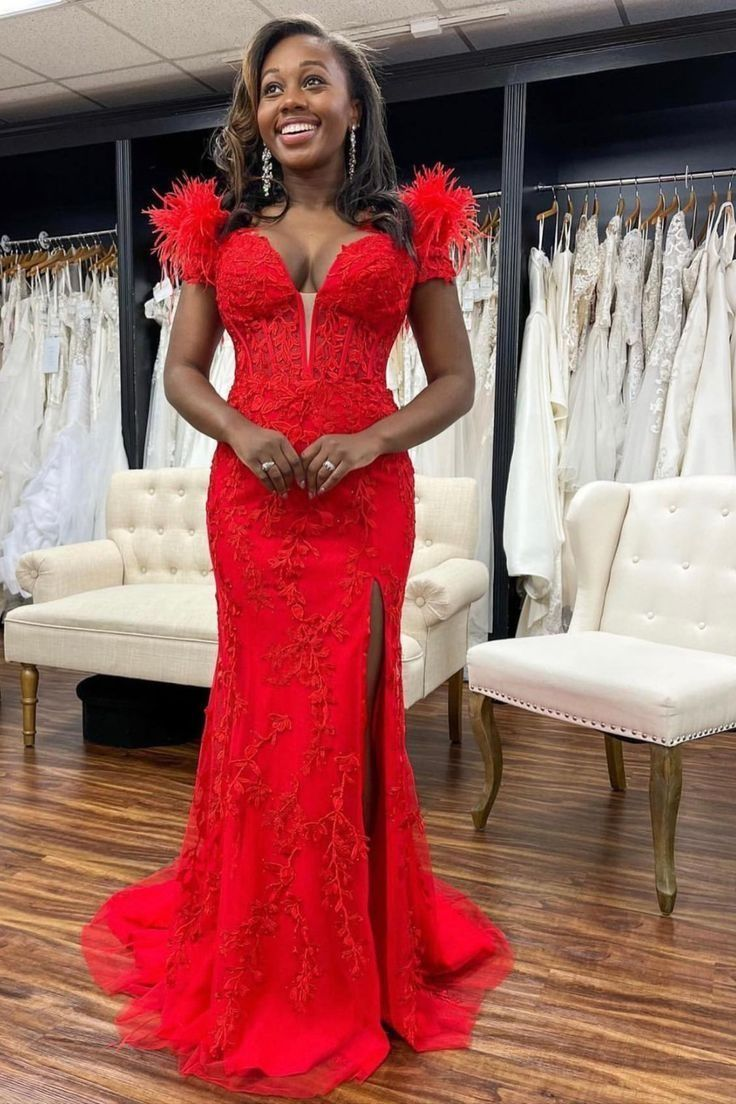 Red Lace Mermaid Prom Dress With Split Red Evening Dress Y5721 - View 2 | VelvetHem