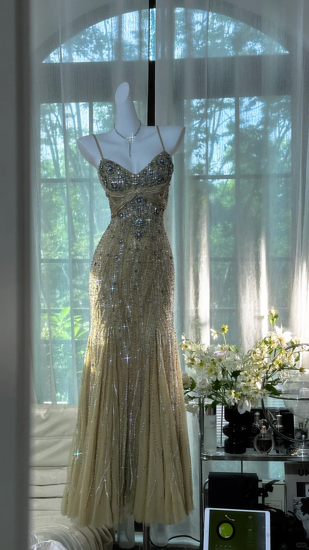 Classy Spaghetti Straps Green Chiffon Beaded Mermaid Long Prom Dress Evening Dress