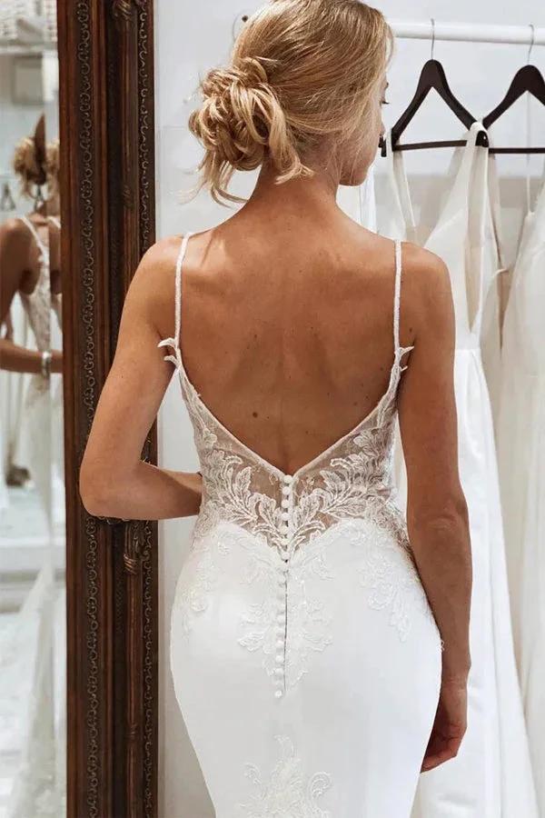 V Neck Mermaid Spaghetti Straps White Wedding Dress (ZD16089)