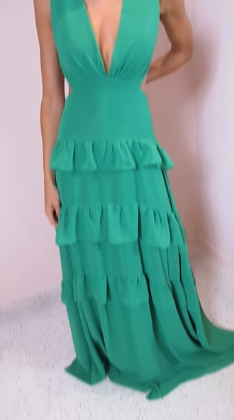 Emerald Green Deep V Neck Layered Ruffles Evening Dress Backless Long Prom Dress Y8386 - View 6 | VelvetHem