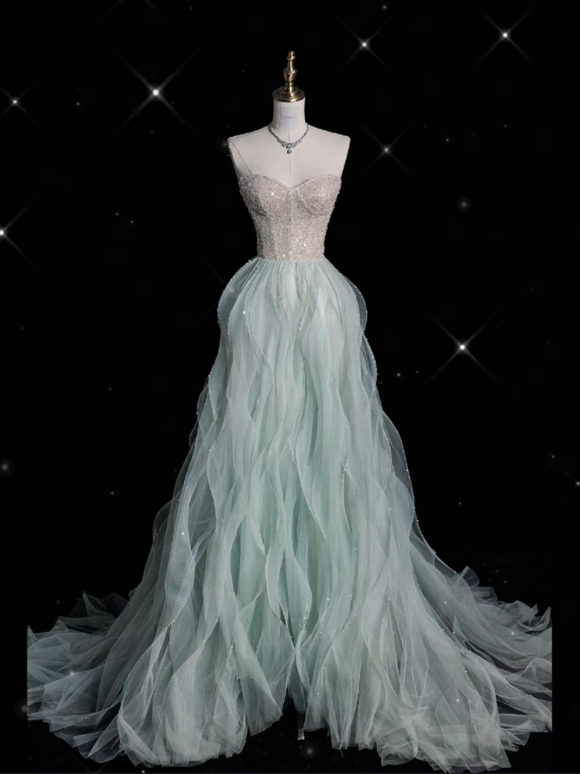 Beautiful Strapless Light Green Tulle Sequin Mermaid Evening Dress Long Prom Dress - FashionDia