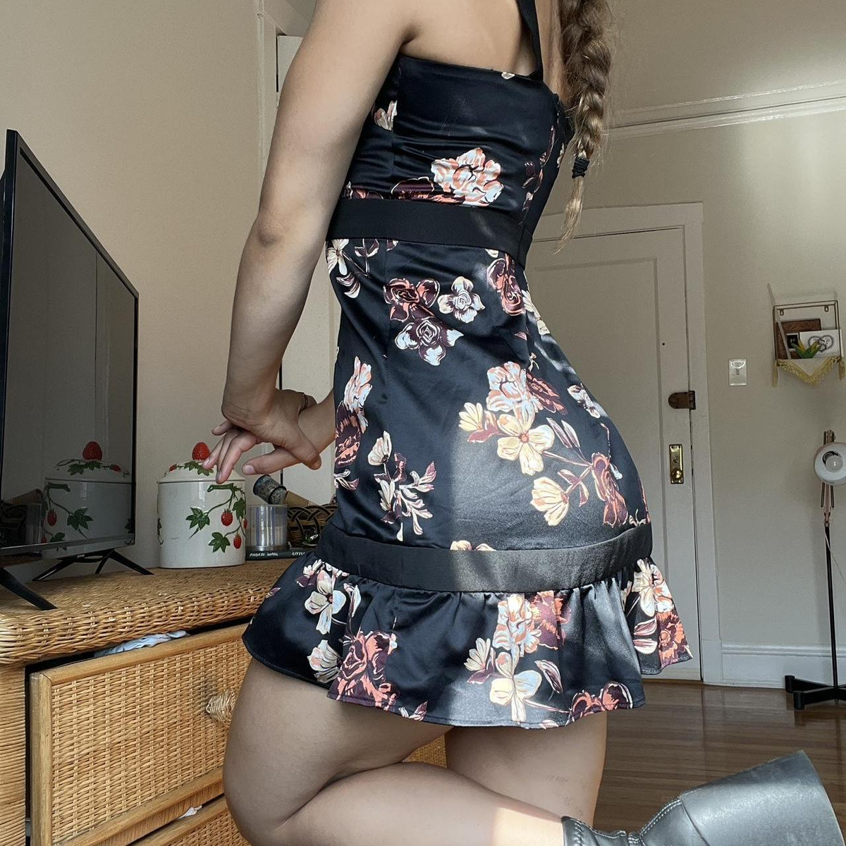 Black Satin Print Floral Sheath Sexy Cocktail Dress Vintage Formal Graduation Homecoming Dress - View 4 | FashionDia