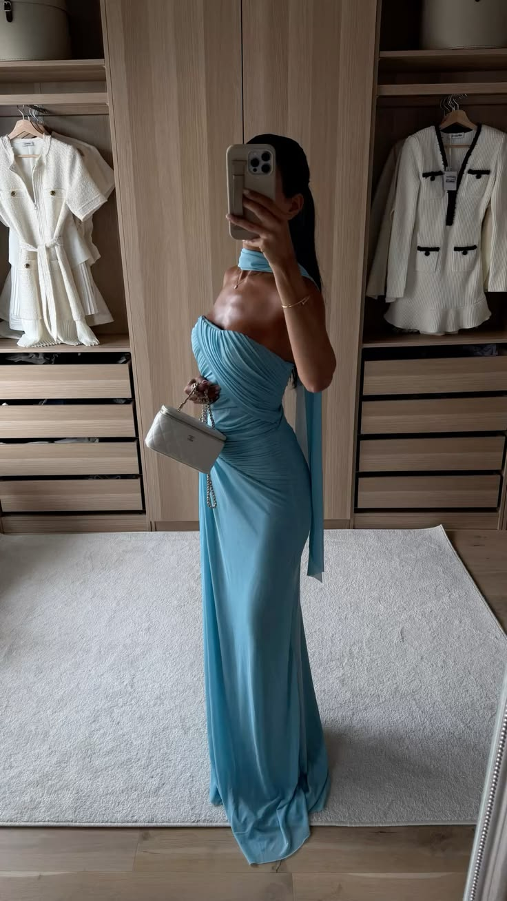 Elegant Blue Strapless Chiffon Pleated Sheath Long Party Dress Birthday Prom Dress Dress With Scarf D4801