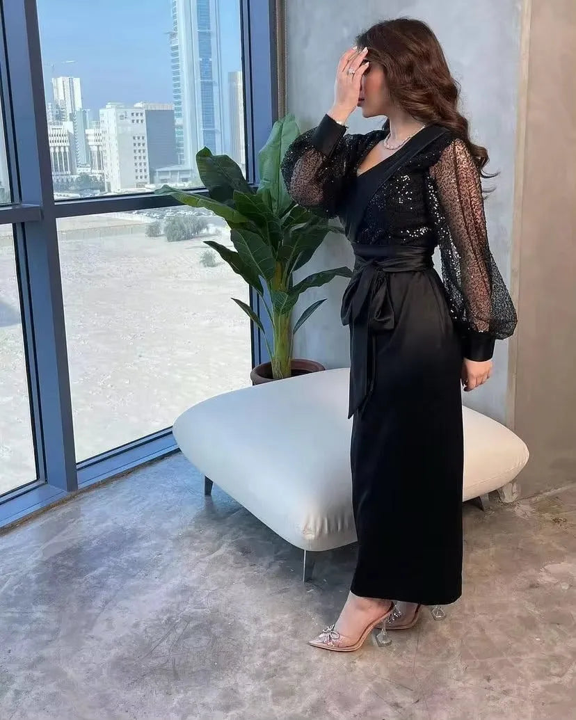 Black Sheath Arabia Midi Evening Dresses Satin Lace Long Sleeves Prom Party Gowns Ankle Length Formal Prom Dress