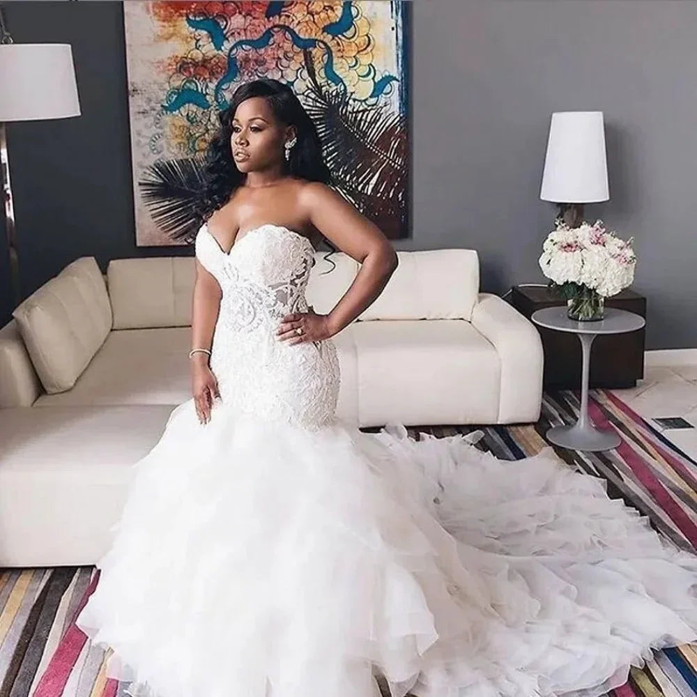 Vestidos De Novia Vintage Lace African Wedding Dresses Sweetheart Mermaid Back Lace Up Tiered Skirts Plus Size Bridal Gowns (ZD13305)