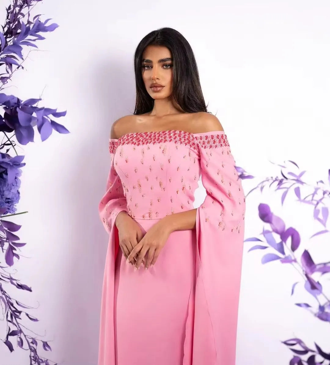 Elegant Pink Saudi Arabic Prom Dresses Off The Shoulder Long Cape Sleeves Formal Evening Dresses Sequineds Party Gowns