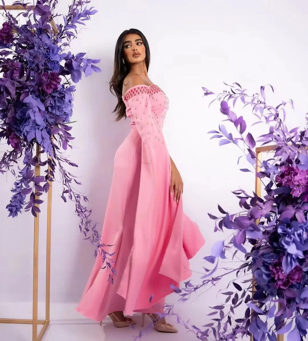 Elegant Pink Saudi Arabic Prom Dresses Off The Shoulder Long Cape Sleeves Formal Evening Dresses Sequineds Party Gowns
