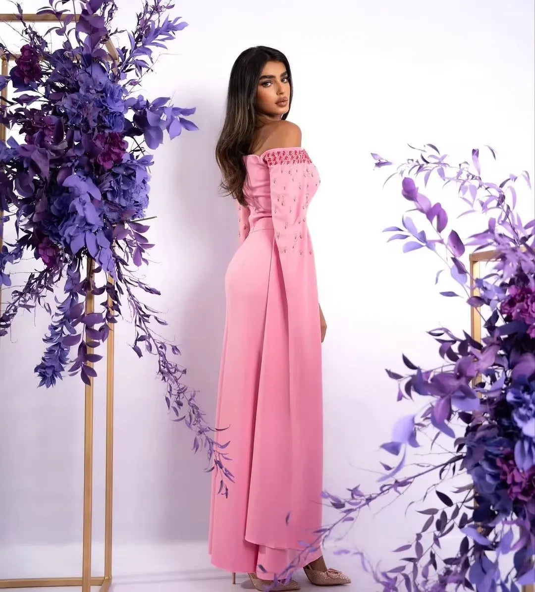 Elegant Pink Saudi Arabic Prom Dresses Off The Shoulder Long Cape Sleeves Formal Evening Dresses Sequineds Party Gowns