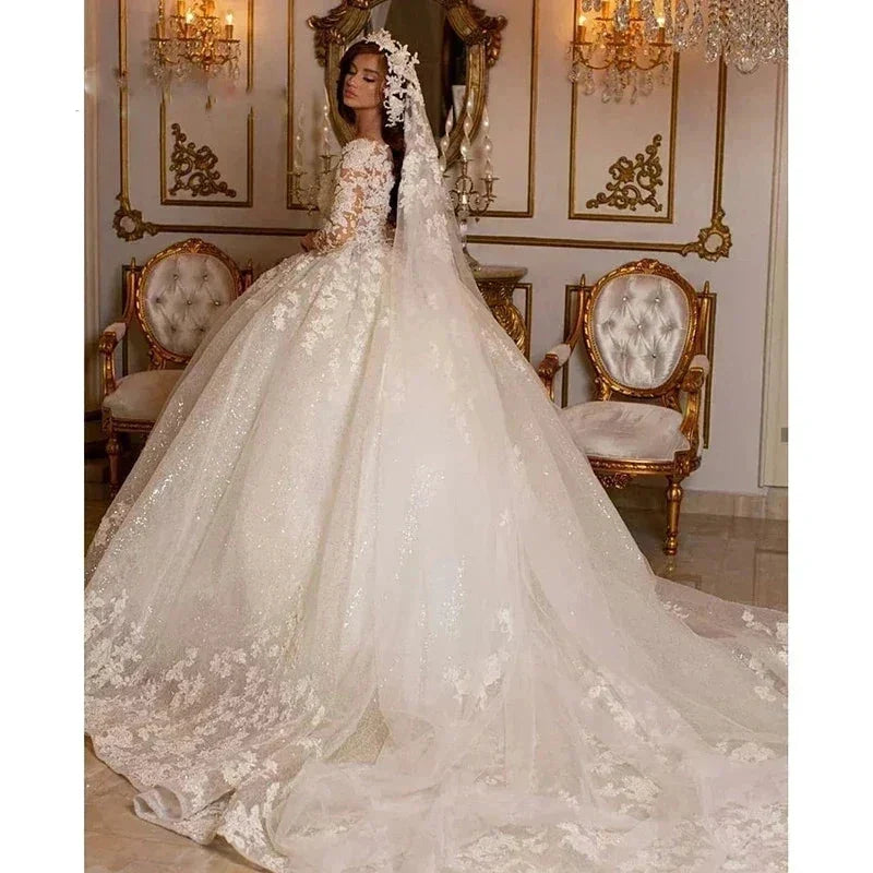 Lace Wedding Dresses Princess Ball Gown Beading Bridal Gowns Shinny Tulle Long Sleeves Ivory Dubai Marriage Dress (ZD13473)