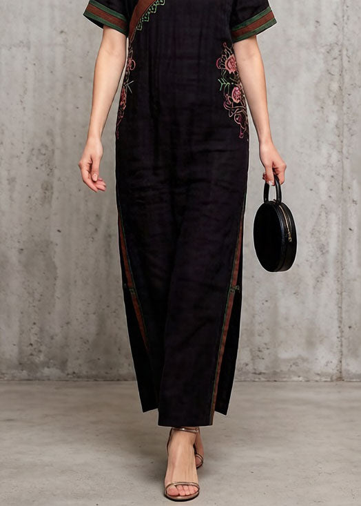 Vintage Black V Neck Embroidered Cotton Dress Summer