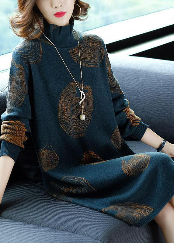 Vintage Blackish Green High Neck Oversized Print Knit Sweater Dress Winter