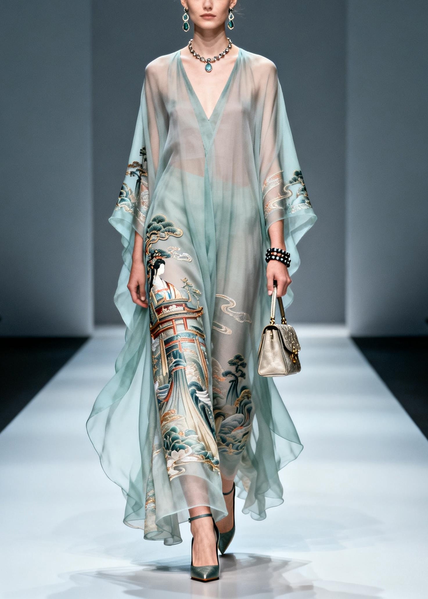 Vintage Blue Oversized Print Chiffon Long Dresses Summer
