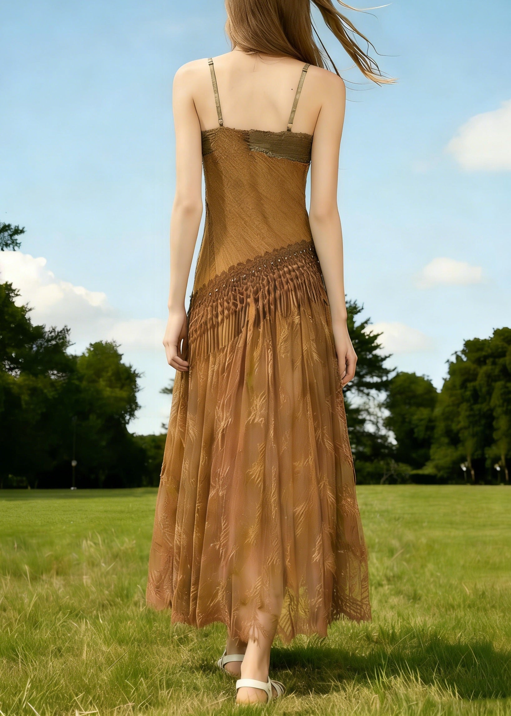 Vintage Brown Tasseled Wrinkled Patchwork Spaghetti Strap Dress Sleeveless