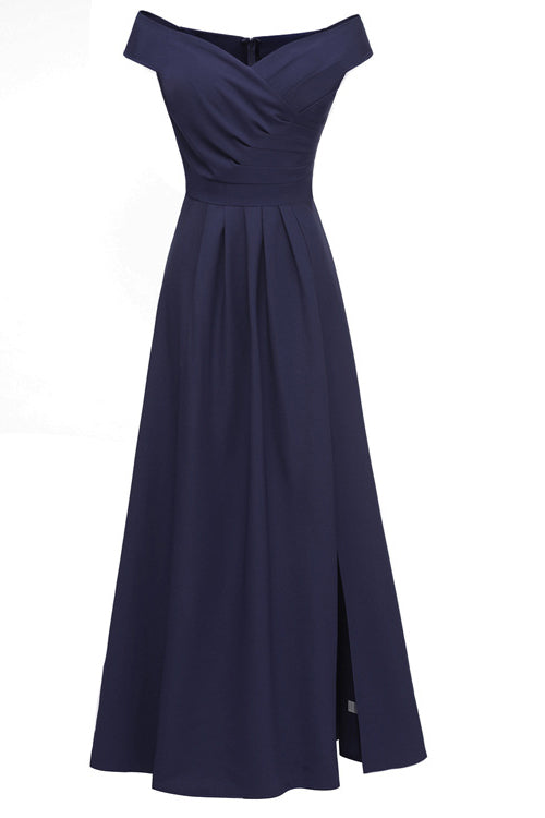 Vintage Dark Navy Off-the-shoulder Slit Prom Dress - Fashionpara