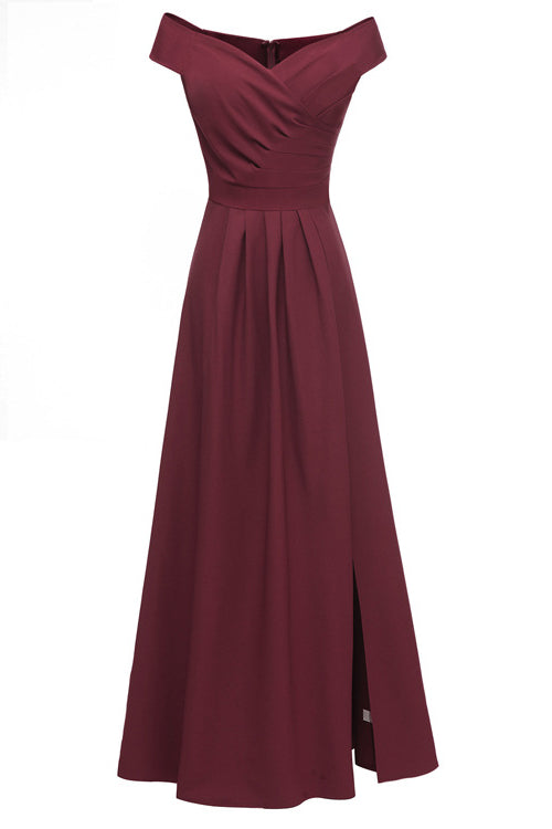 Vintage Dark Navy Off-the-shoulder Slit Prom Dress - Fashionpara