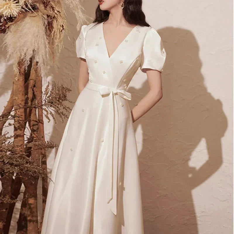 Elegant V-neck Wedding Party Dresses Belt Lace Up Slim Waist Pull Sleeve Evening Dress Simple Beading French Chic Robe by payinti