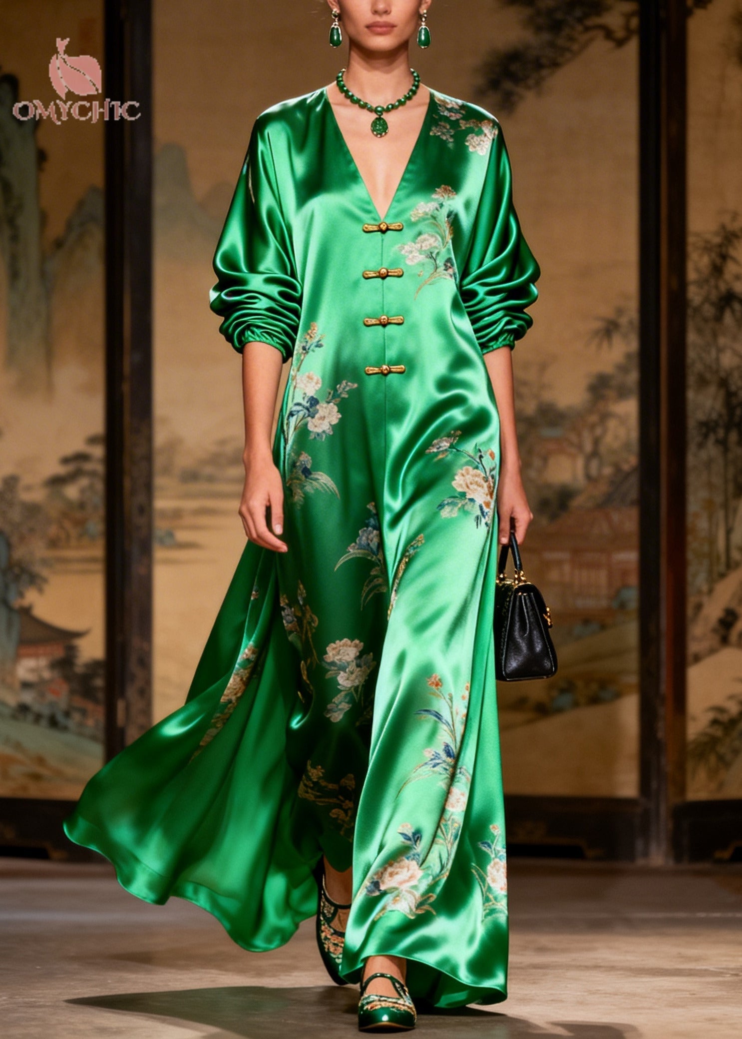 Vintage Grass Green Print Chinese Button Draping Silk Dress Long Sleeve