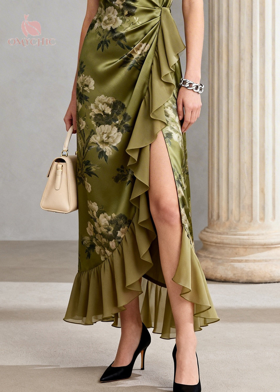 Vintage Green Ruffled Print Chiffon Long Dress Sleeveless