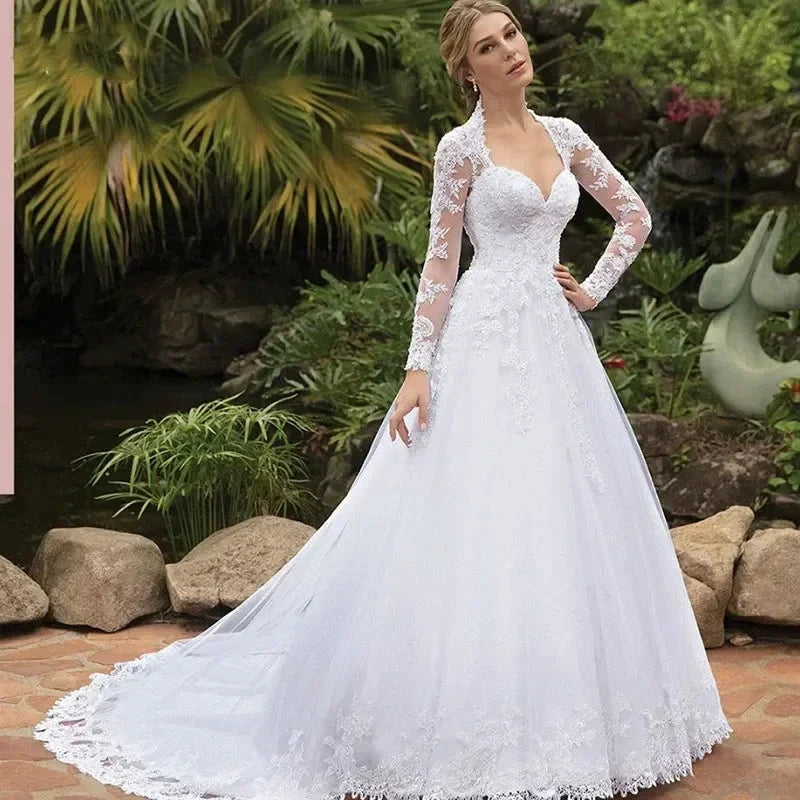 Vintage Italian white bridal dress Lace applique long sleeve tulle sweetheart Sweep Train Saudi Arabian trouw jurken dames (ZD14217)