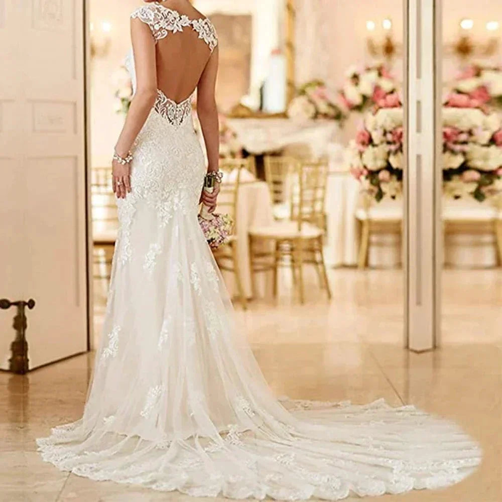 Vintage Lace Garden Wedding Dresses Sweetheart Open Back Wide Straps Mermaid Bride Wedding Gowns Long Train vestidos de novia (ZD13399)