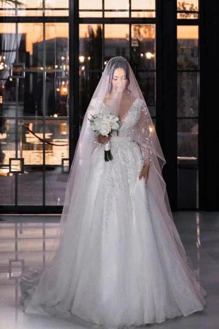 Vintage Long A-line V-neck Lace Wedding Dress with Long Sleeves (ZD15612)