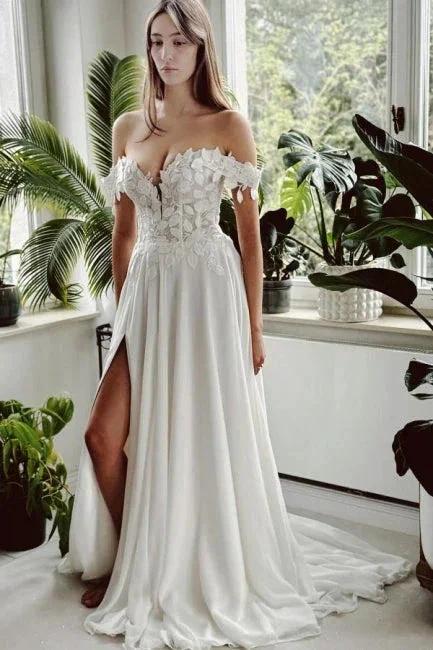 Vintage Long White A-line Off-the-shoulder Wedding Dress with Slit (ZD15572)