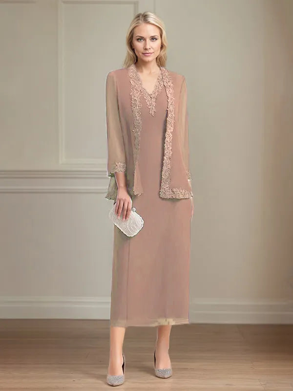 Sheath/Column Chiffon V Neck 3/4 Sleeves Tea Length Mother Of The Bride Dress