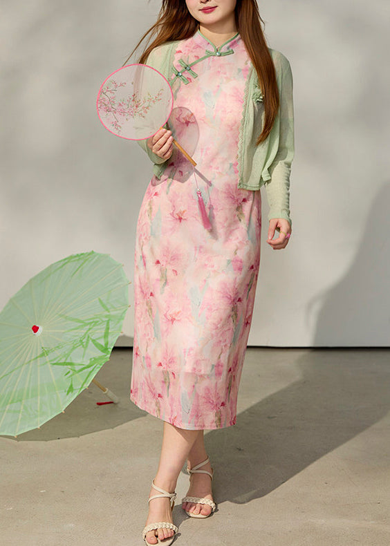 Vintage Pink Print Side Open Cotton Oriental Dress Summer