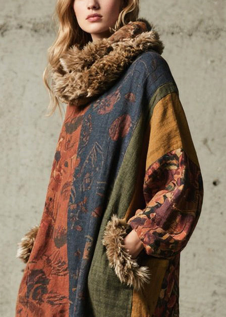 Vintage Print Patchwork Faux Fur Maxi Dresses Fall