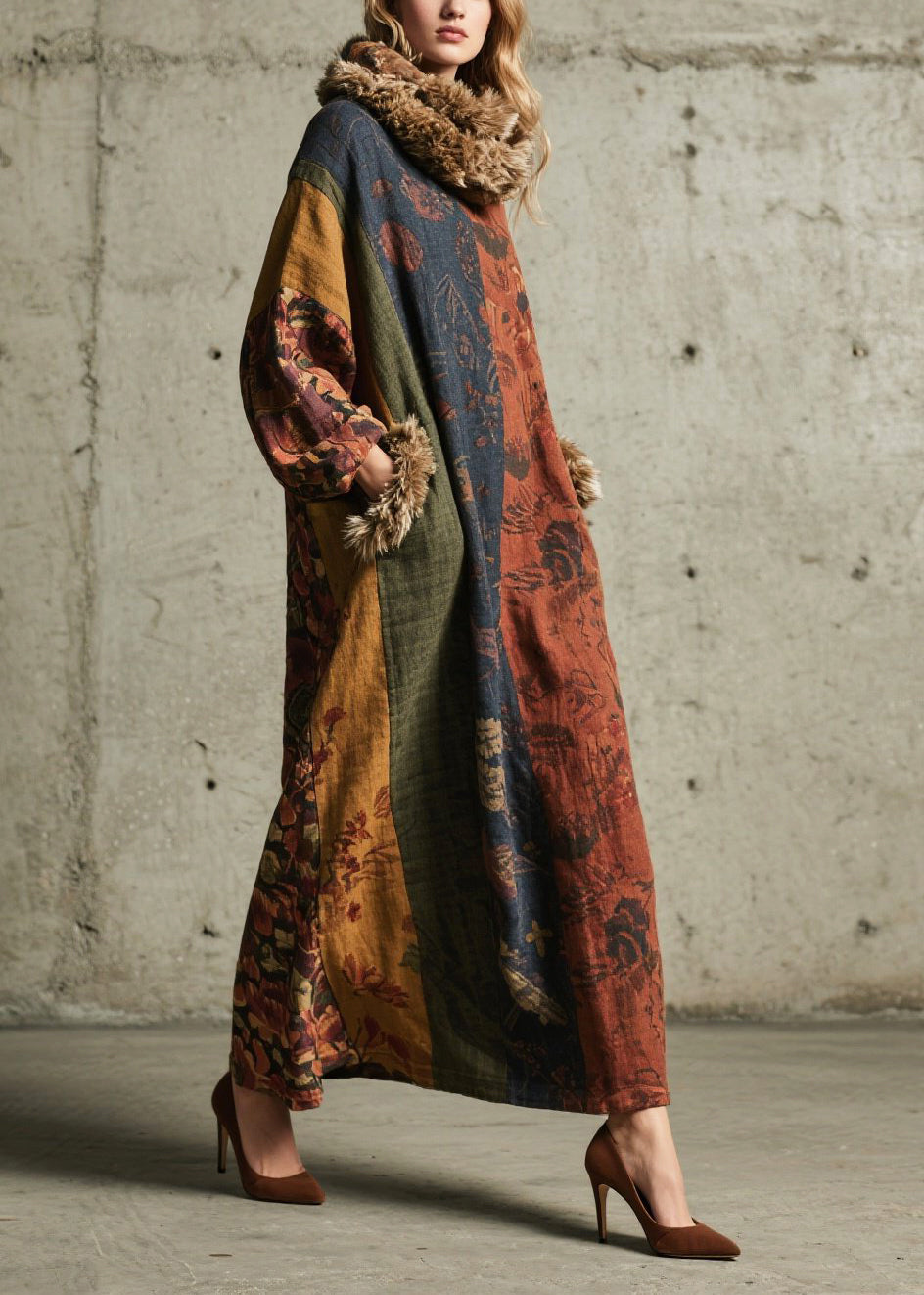 Vintage Print Patchwork Faux Fur Maxi Dresses Fall
