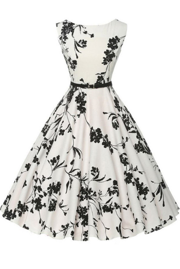 Vintage Round Neck Belt Hepburn Printed Dress - Fashionpara