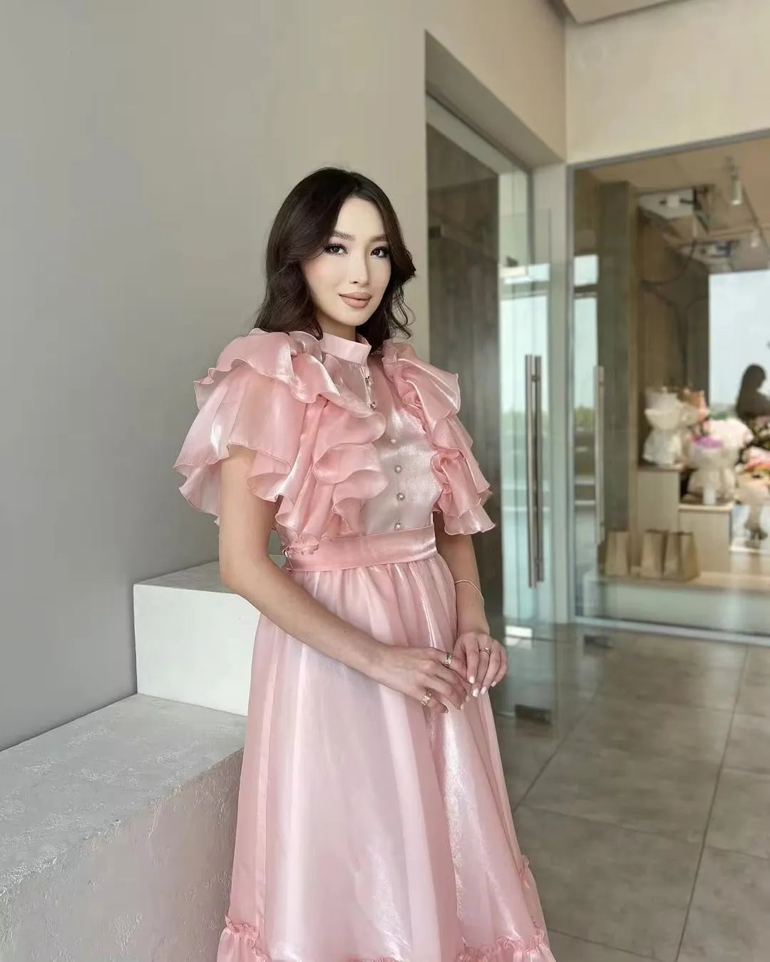 Elegant Pink Evening Dresses A-Line Puff Sleeves Prom Dresses Ankle Length Formal Prom Gowns Button Graduation Dress