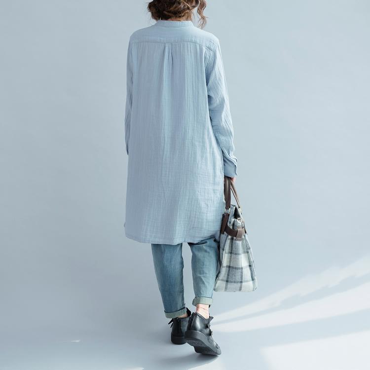 Vintage light blue cotton dresses oversize shift dress womens long sleeve cotton shirt
