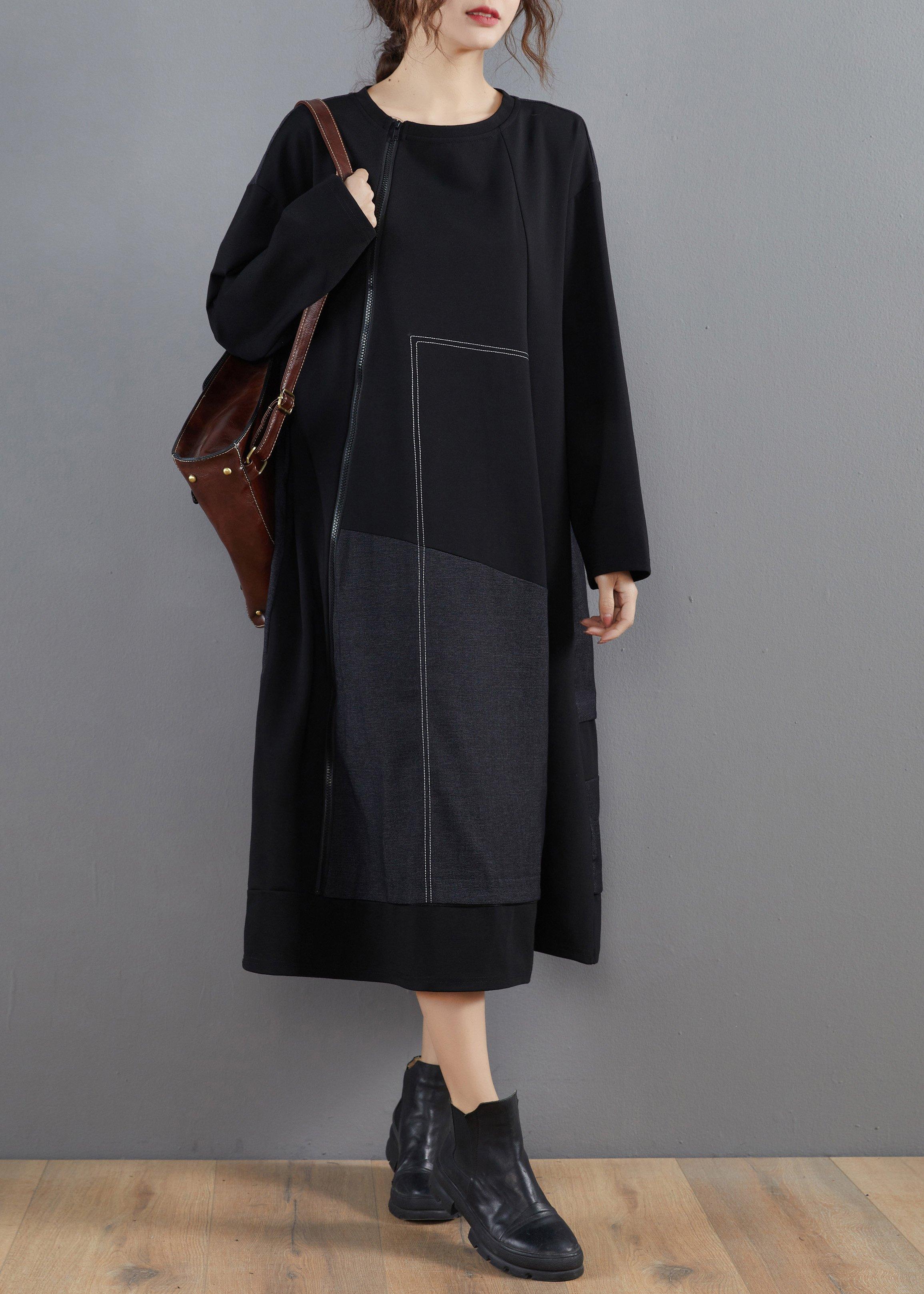 Vivid Black Clothes For Women O Neck Patchwork Long Spring Dresses