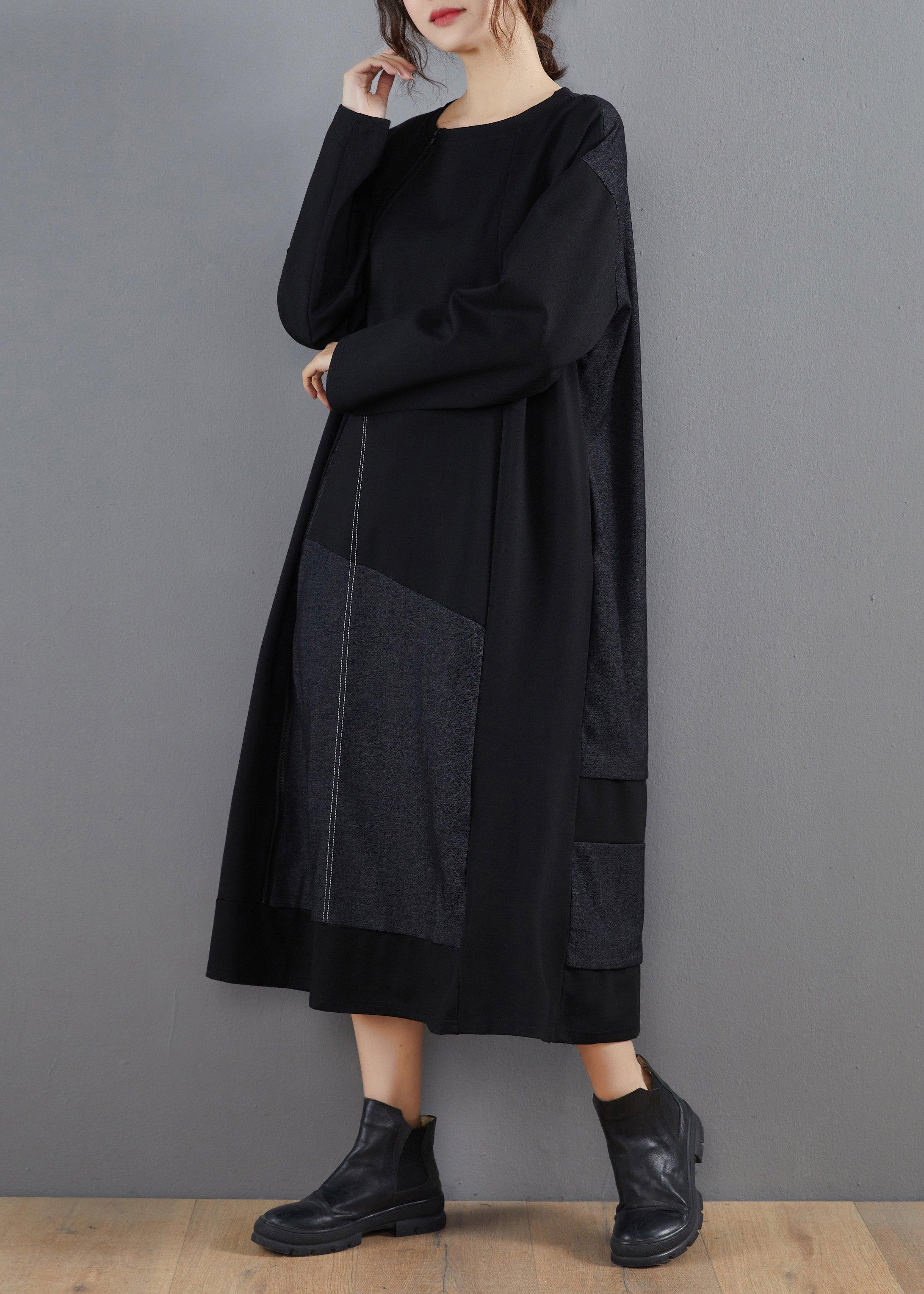 Vivid Black Clothes For Women O Neck Patchwork Long Spring Dresses