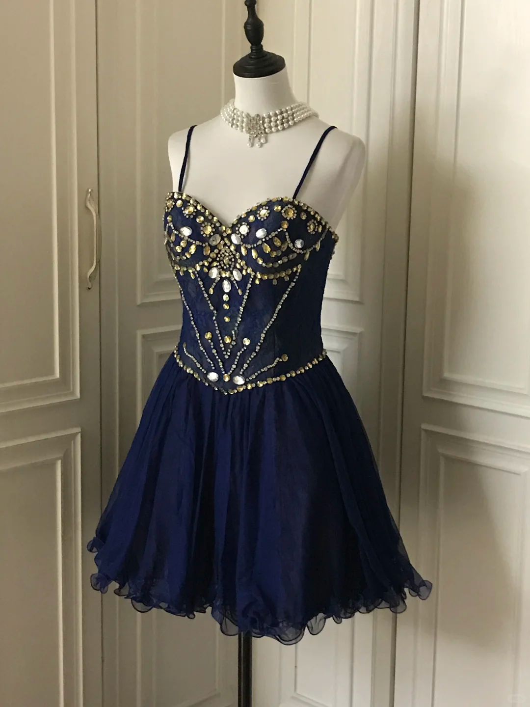 Vintage Navy Blue Lace Beaded A Line Homecoming Dress Short Party Dress
