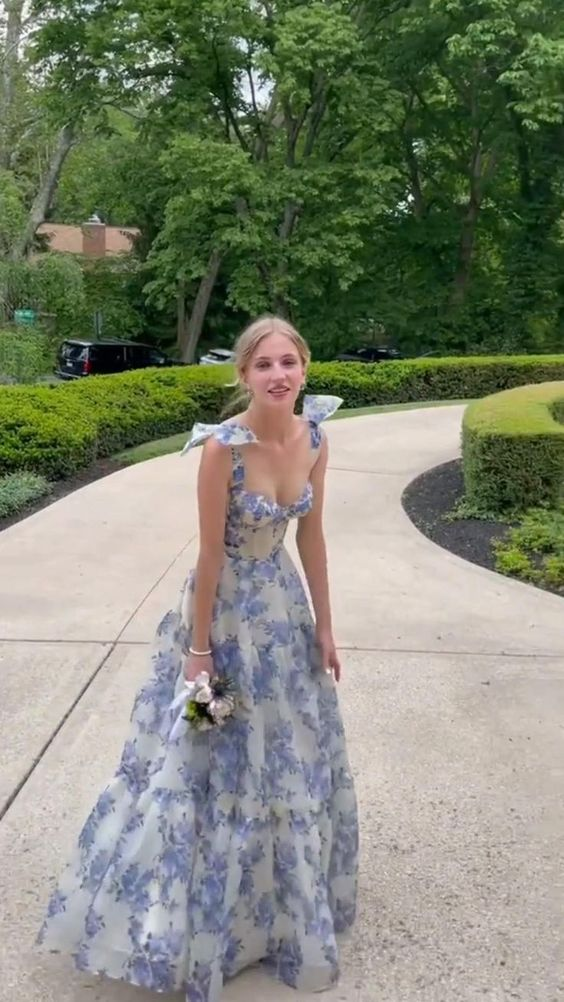 A-line Blue Floral Print Long Prom Dress Blue Evening Dress Y2560 - VelvetHem