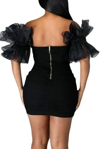Women Sexy Puff Sleeve Ruffles Dress Mesh Off Shoulder Mini Party Dress Short Black Homecoming Dress (ZD12533)