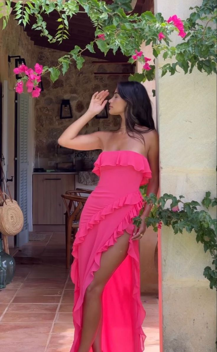 Sexy Strapless Ruffle Slit Prom Dress,Hot Pink Party Evening Dress
