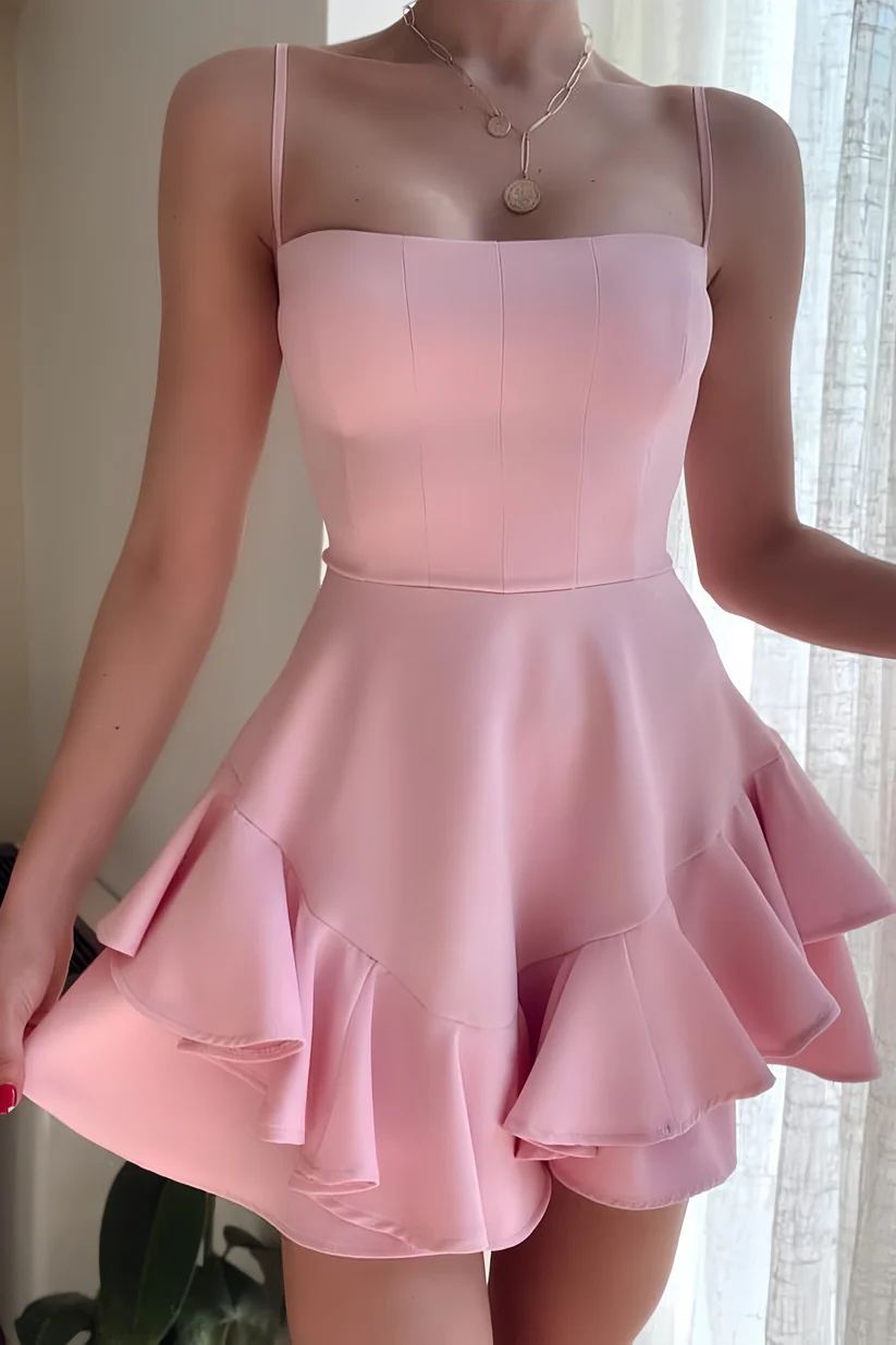Classy Spaghetti Straps Pink Satin A-Line Layered Short Homecoming Dress 20th Birthday Outfits - FashionDia