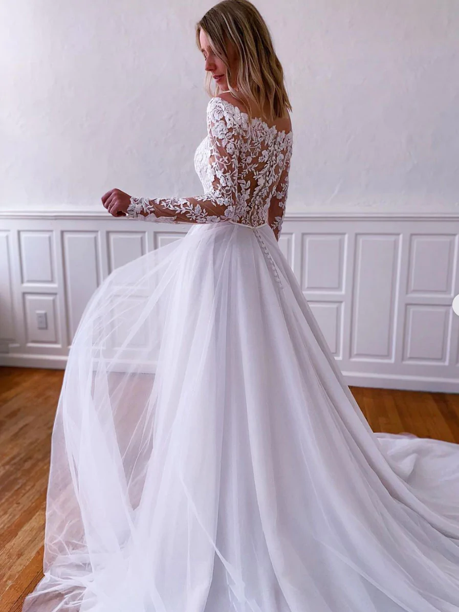 White lace tulle long prom dress, white lace tulle evening dress Y251 - View 3 | VelvetHem