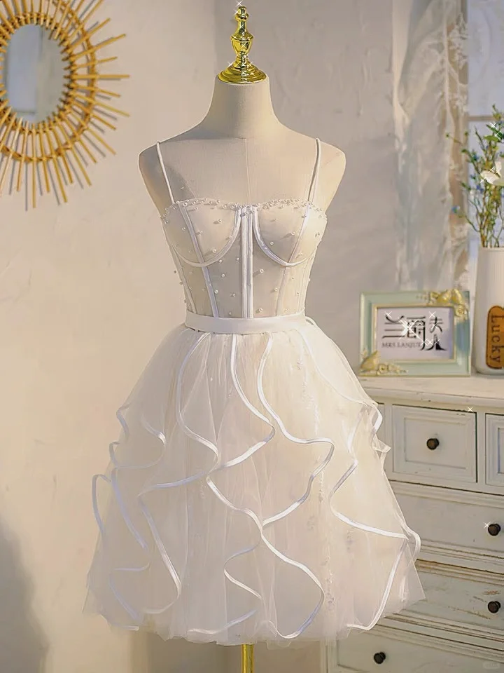 Cute White Tulle Ruffles Beaded A-Line Short Prom Dress 22nd Birthday Outfits - FashionDia