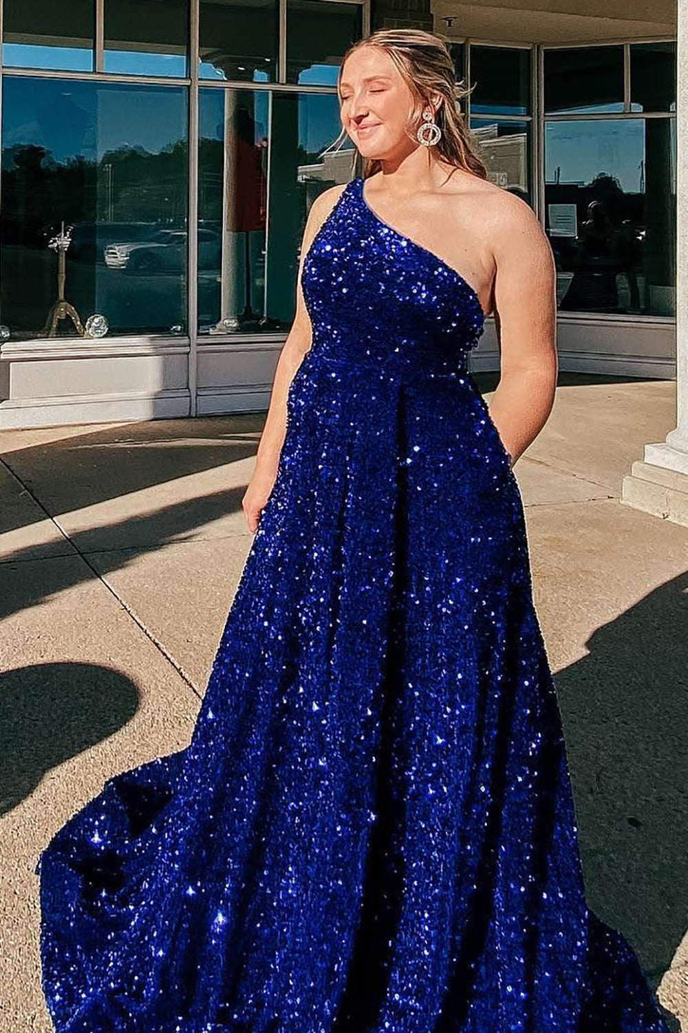 A-Line One-Shoulder Royal Blue Prom Dress with Beading - FashionDia