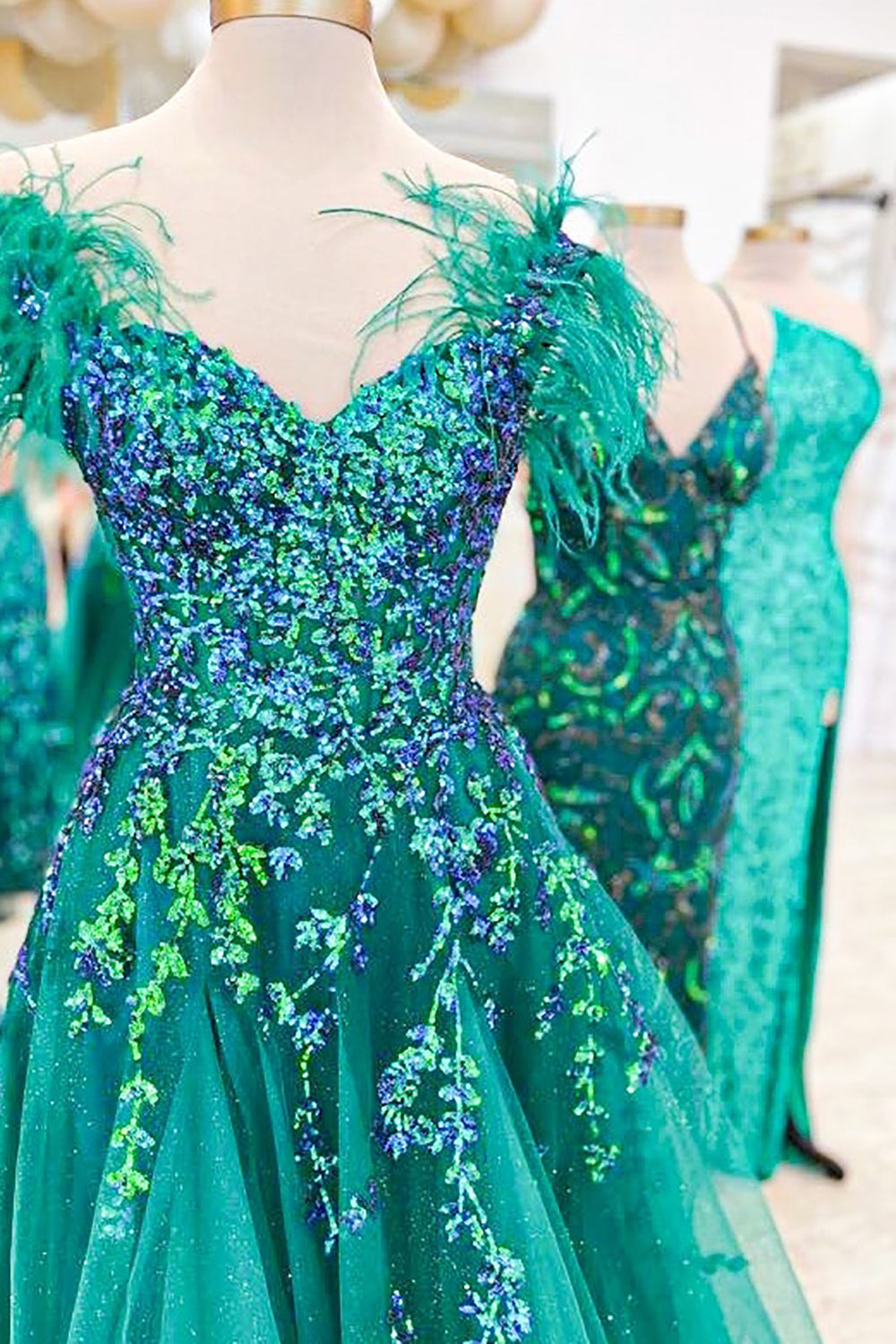Princess A-Line Off-the-Shoulder Green Long Prom Dress with Feather