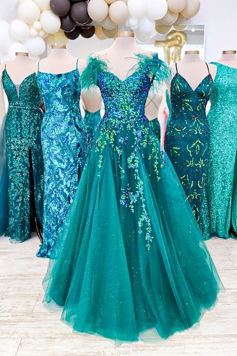 Princess A-Line Off-the-Shoulder Green Long Prom Dress with Feather
