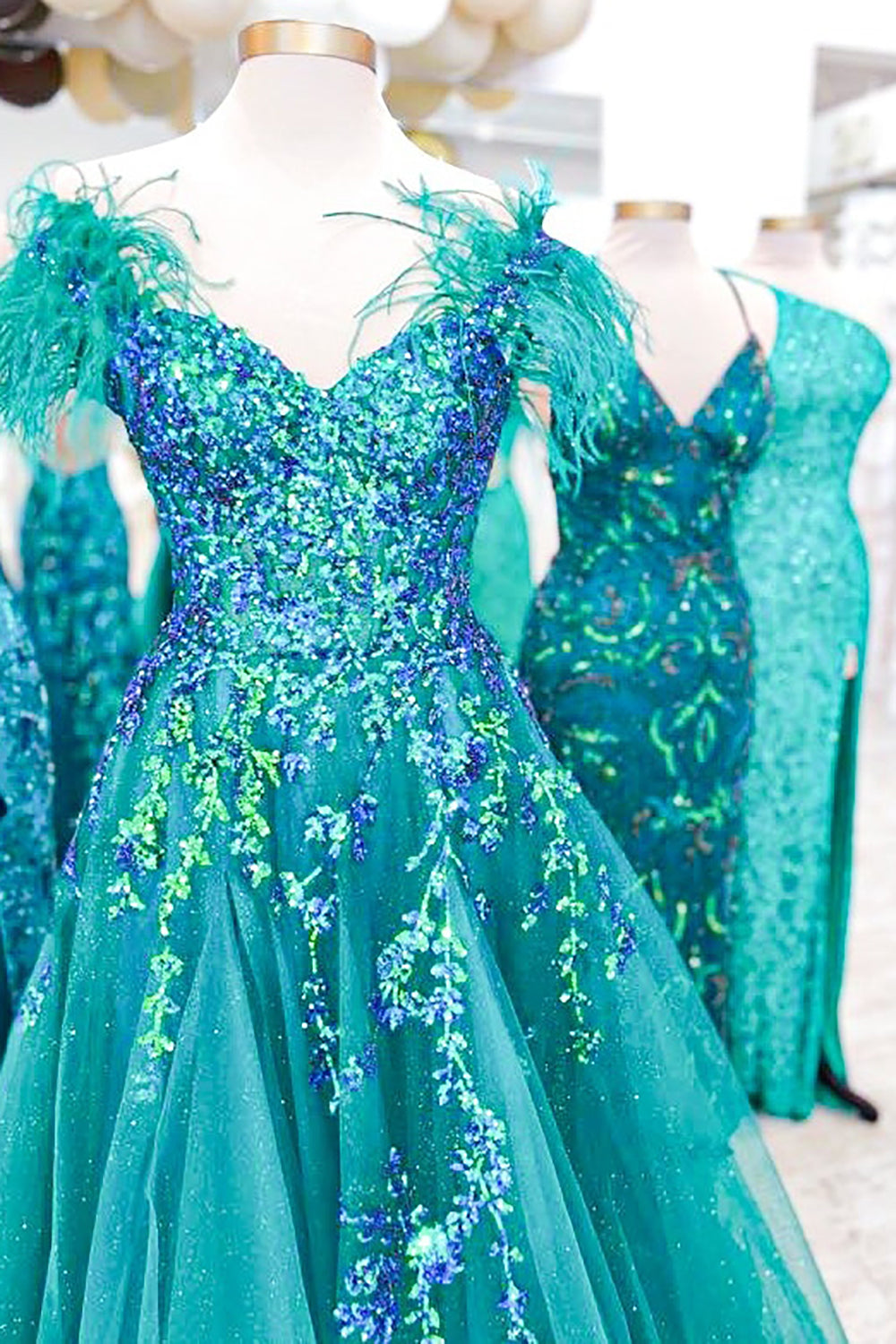 Princess A-Line Off-the-Shoulder Green Long Prom Dress with Feather