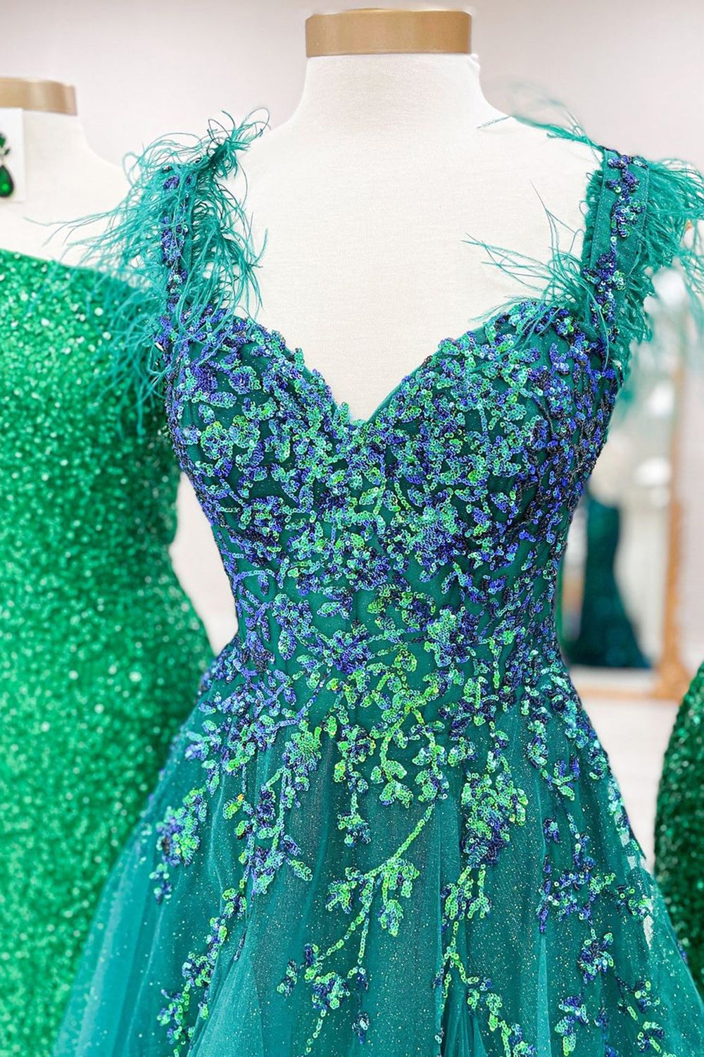 Princess A-Line Off-the-Shoulder Green Long Prom Dress with Feather